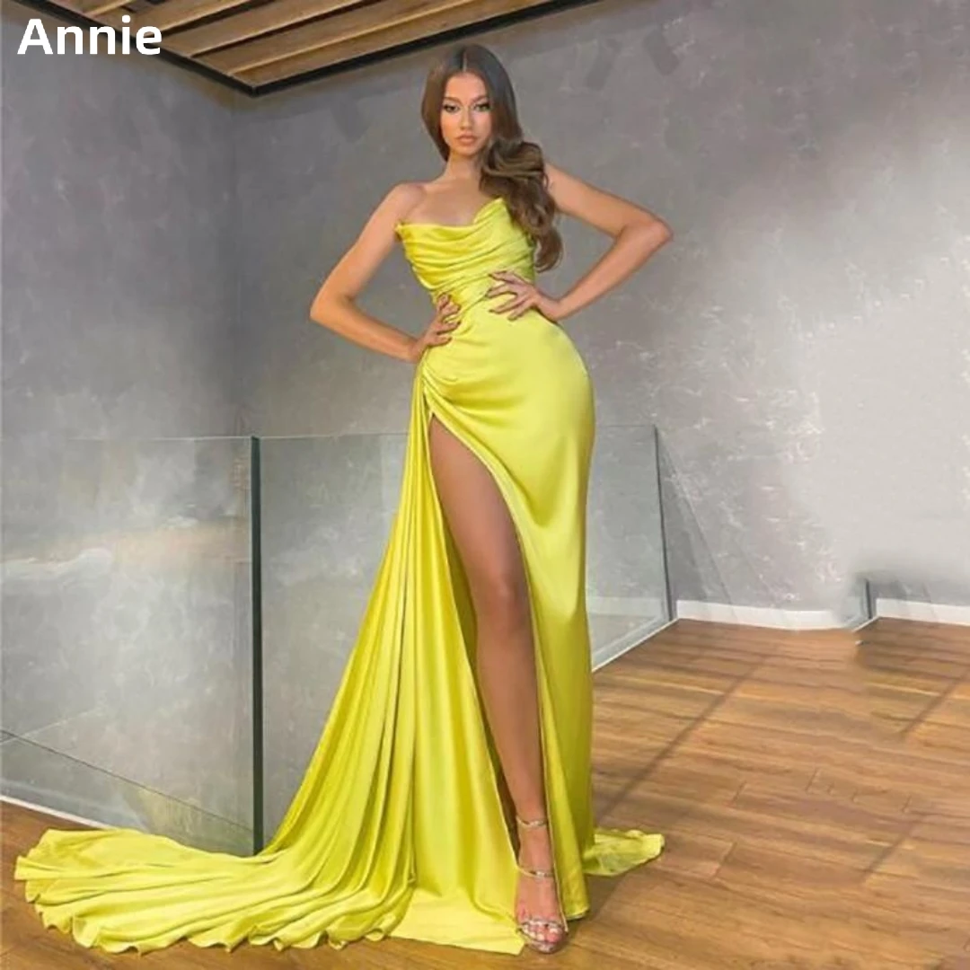 

Annie Satin Fishtail Mop Prom Dressess Strapless Side Slits Cocktail Custom Evening Dress Delicate Yellow فساتين سهره فاخره
