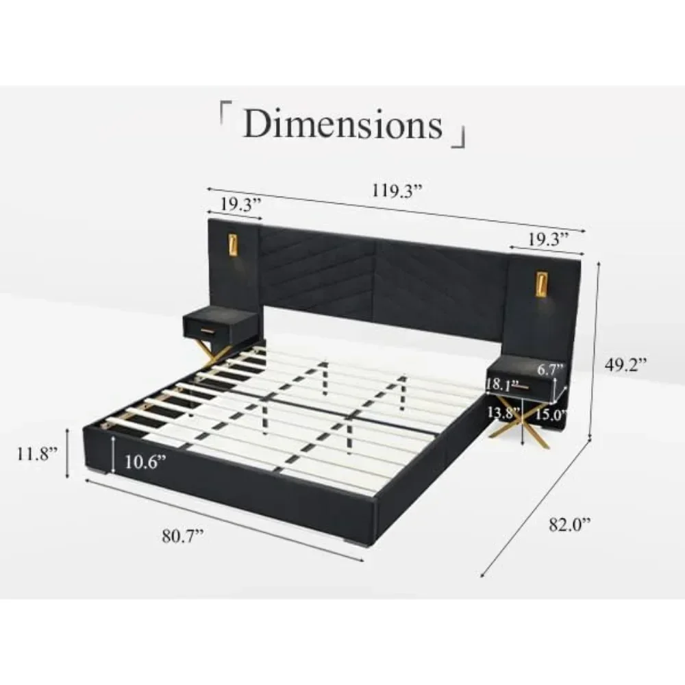 Luxury Bed Frame with Built-in Gold LED Lights and Nightstands,Platform Bed with Oversize Upholstered Headboard for bedrooms 2