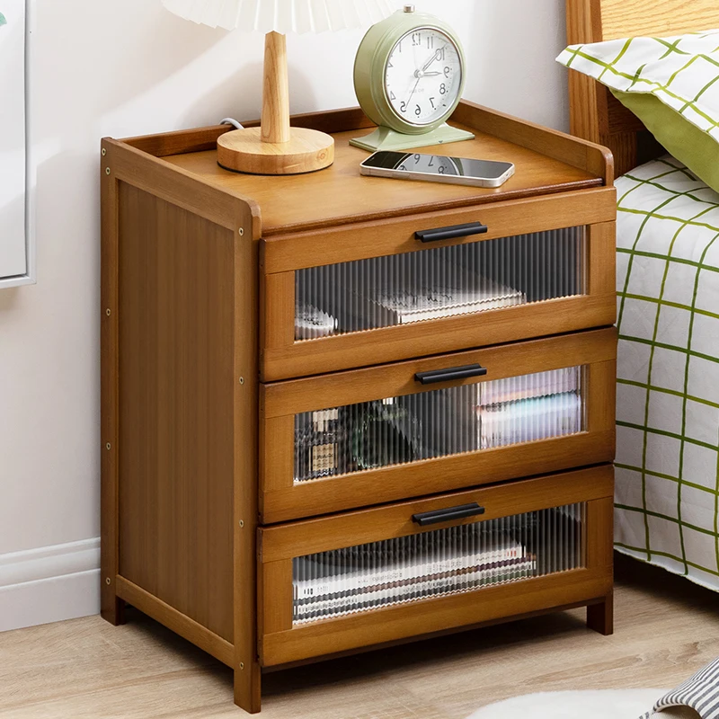 Simple Modern Nightstand Bamboo Storage Cabinet Bedside Storage Organizer Multifunctional Drawer for Home Bedroom