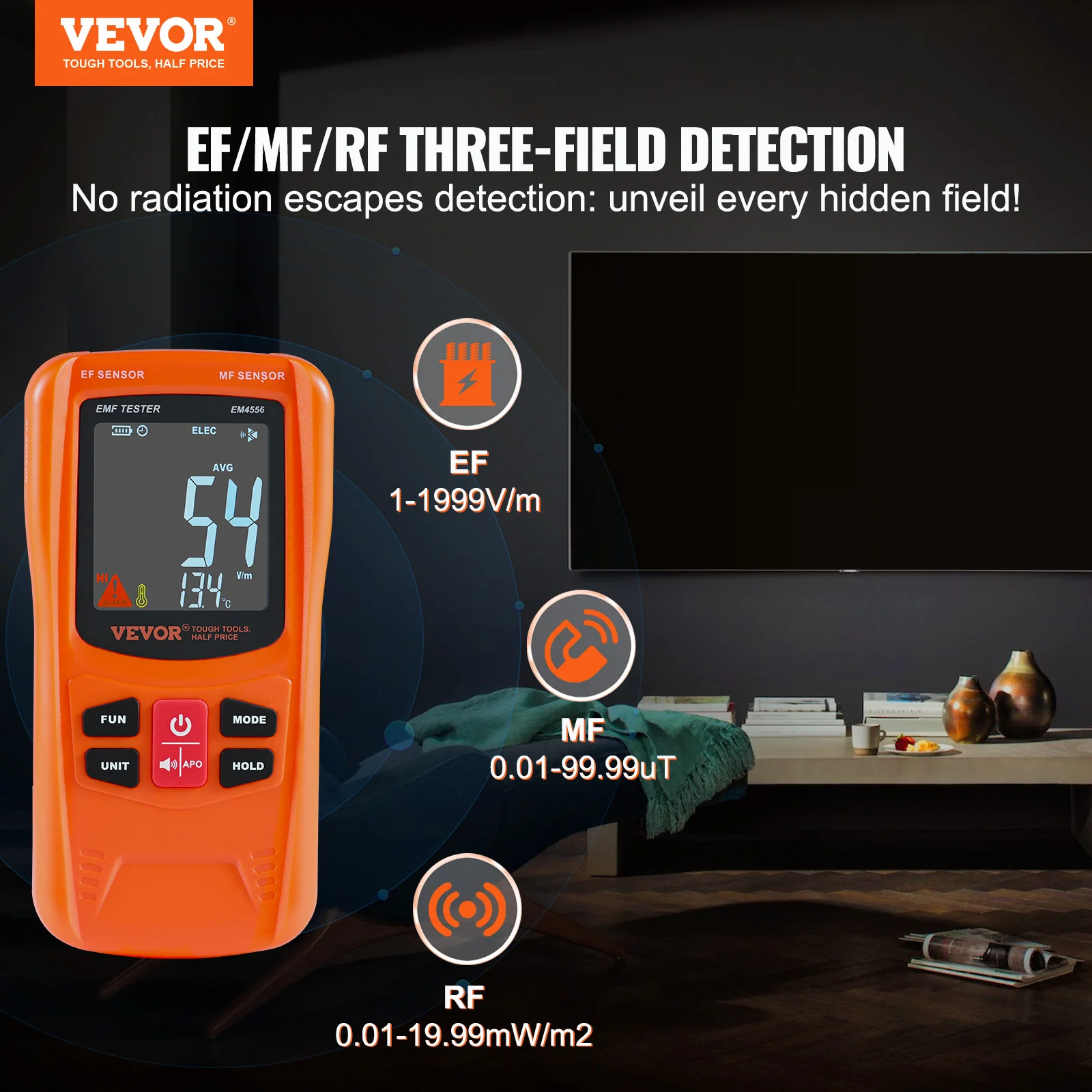 VEVOR 3-in-1 EMF Meter 5Hz-6GHz Handheld Rechargeable Electromagnetic Field Radiation Detector Digital LCD EMF Tester, Discount 2