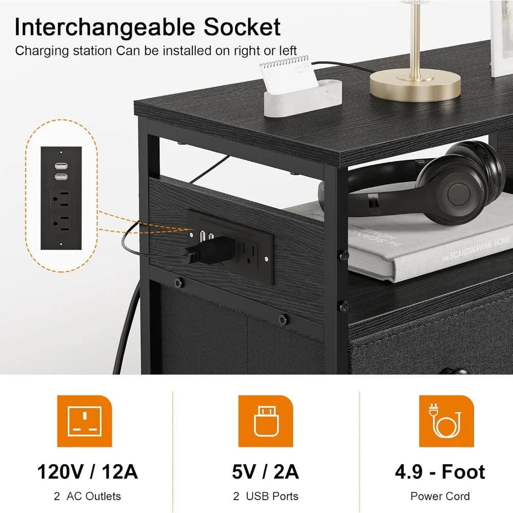 Nightstand with Charging Station, Bedside Table with 4 Drawers and 2-Tier Shelf, Modern End Table with Wooden Top for Bedroom, 5