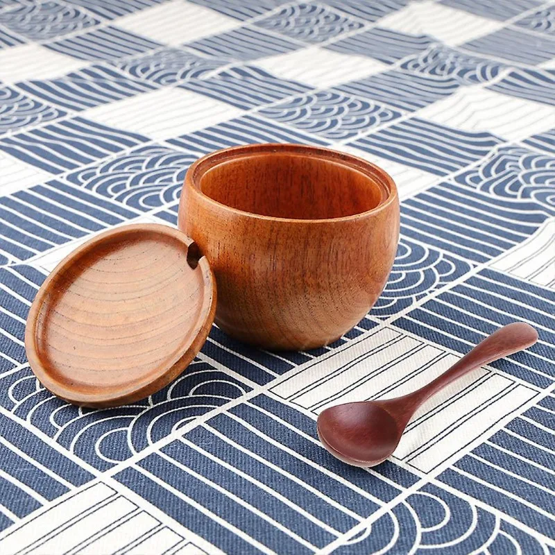 Wooden Spice Jar with Lid and Spoon Natural Wooden Salt Sugar and Pepper Storage Jar Kitchen Seasoning Tools Herb Holder