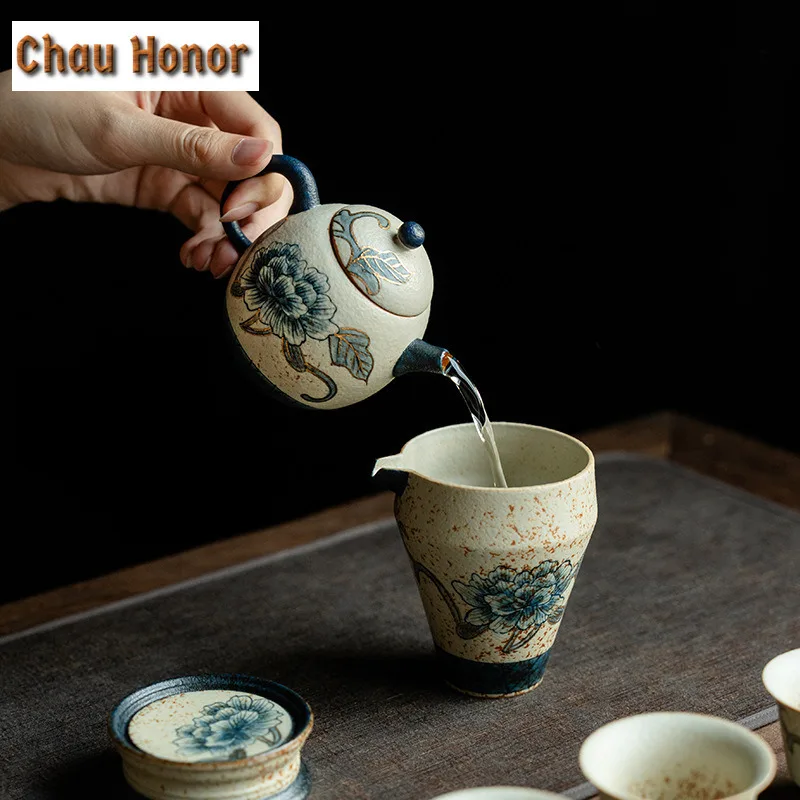 Blue And White Flint Red Travel Tea Set Kit Boutique Gold Drawing Peony Flower 1 Pot 1 Cup Tea Making Organizer Portable Bag