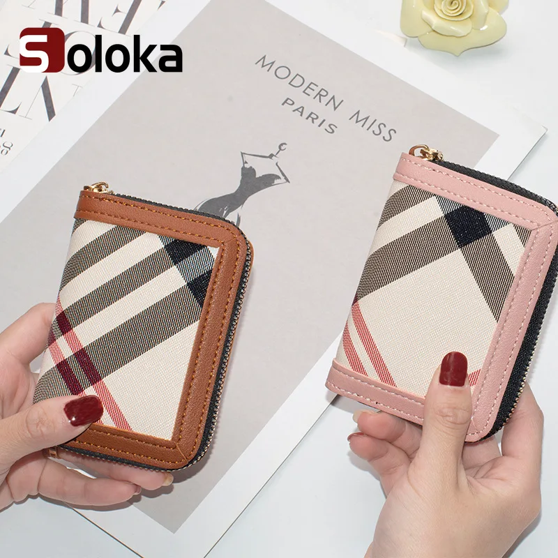 Zip Organ Card Holder Women's Plaid Retro Compact Card Case Wallet