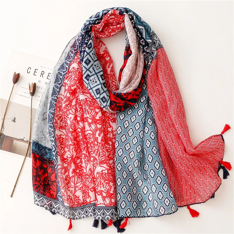 Fashion Aztec Floral Patchwork Thin Tassel Viscose Shawl Scarf Lady High Quality Wrap Pashmina Bufandas Muslim Hijab 180*90Cm