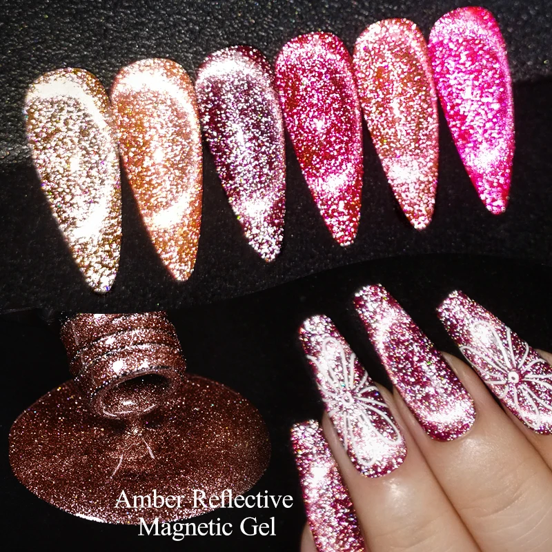 MEET ACROSS 6Pcs/Set Amber Reflective Cat Magnetic Gel Nail Polish Autumn Glitter Brown Coffee Series Nail Art UV Gel For Nails 3