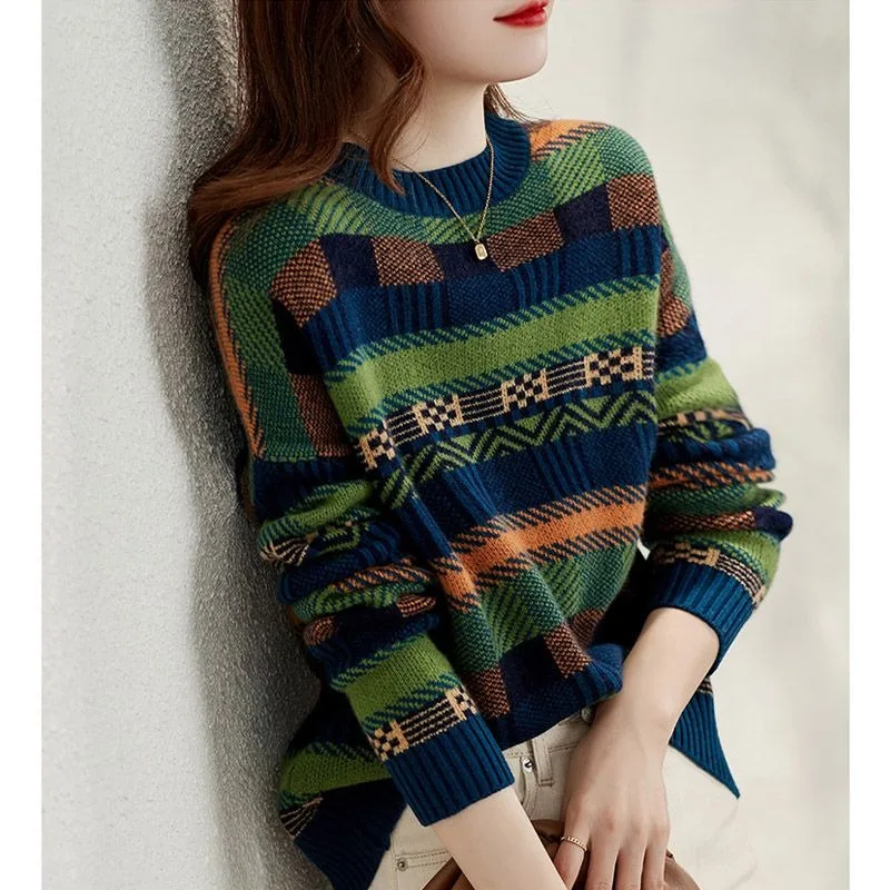 

2023 Autumn Winter Round Neck Striped Patchwork Jumpers Ladies Casual All-match Knitting Pullovers Women's Fashion Sweater Tops