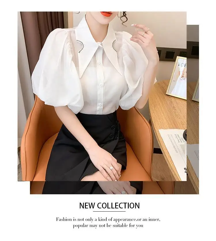 Summer Women's Tops Diamond Point Collar Lantern Short Sleeve White Shirt Korean Fashion Designer Women's Clothing Office