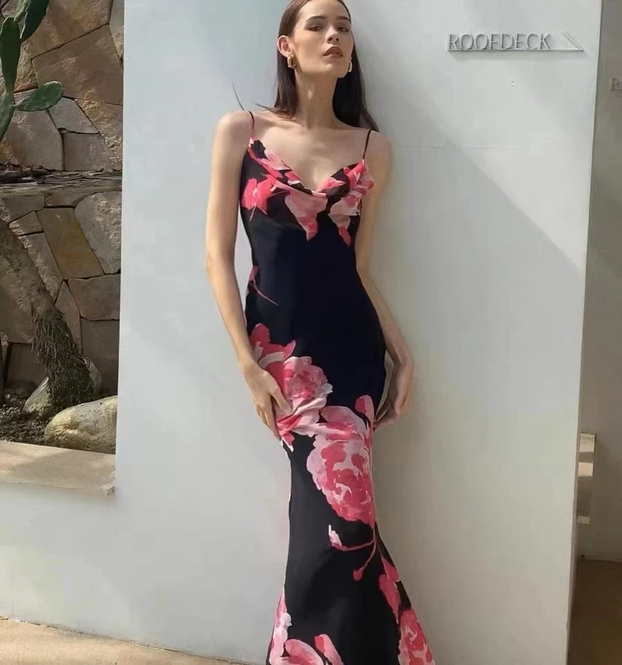 

2023 New V Neck Strapless Floral Print Women Elegant Maxi Long Sling Dress