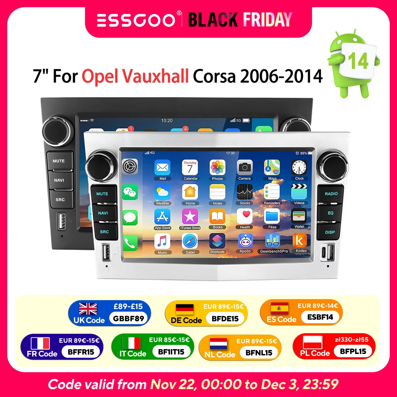 ESSGOO Autoradio Android 14 7" 4+64GB für Opel Vauxhall Corsa C/D Zafira B Astra H Vectra C Wireless Carplay Android Auto GPS Navigation FM BT WIFI Lenkradsteuerung RDS Dual USB Typ C KI Stimme Multimedia-Videoplayer