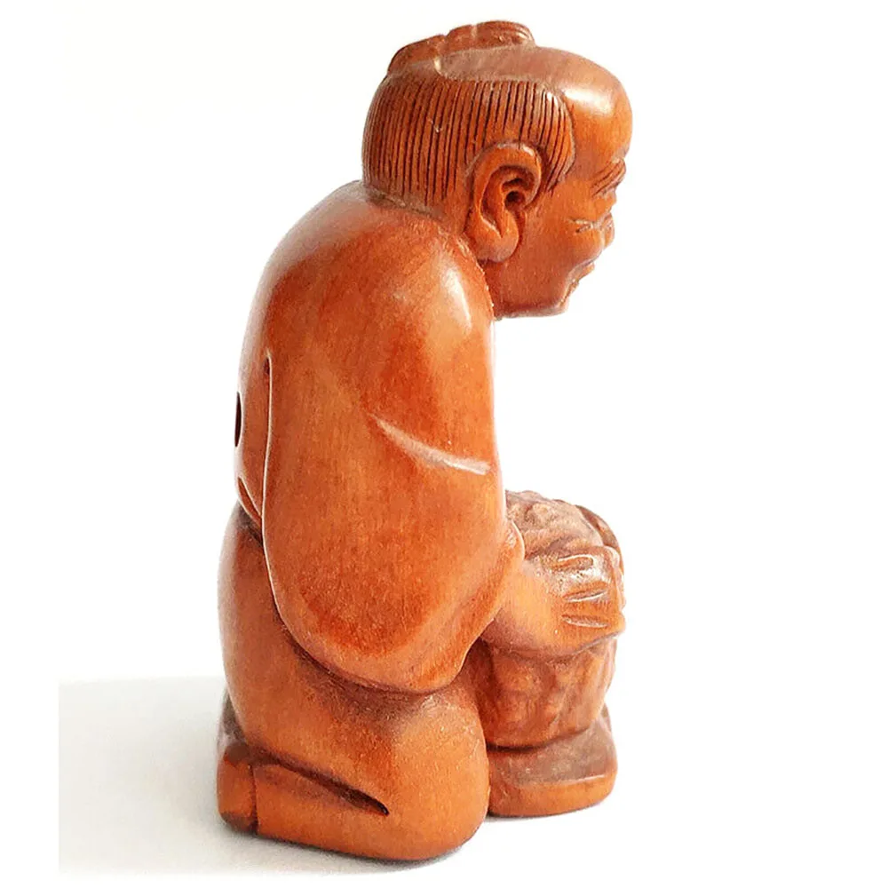 RS436, Collectible 20 Years Old 2" Hand Carved Japanese Boxwood Netsuke, Elder Man Figurine, People Sculpture, Small Ornaments 5