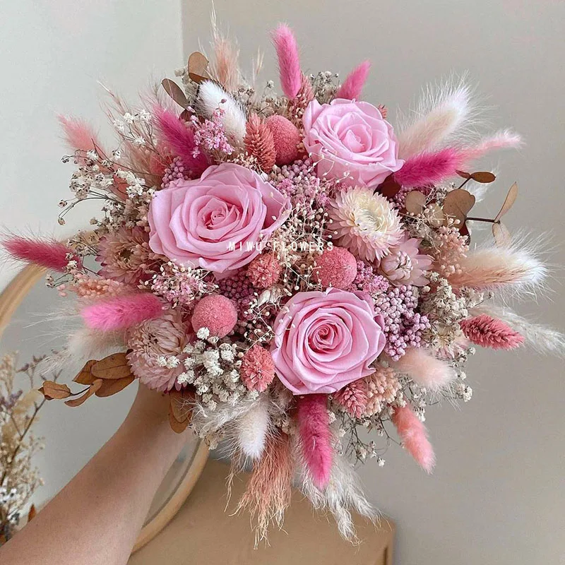 Dry Pampas Grass Wedding Bouquet for BrideRose Bridal Artificial Bouquet Bridesmaid Boho Wedding Home Decoration Bouquets