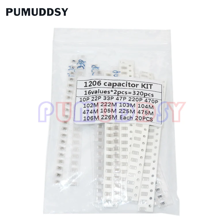 SMD Capacitor Kit 320PCS 720PCS 2500PCS 0603 0805 1206 Assorted Kit 16/36/50Values PUMUDSY 1PF ~ 1UF smd capacitor