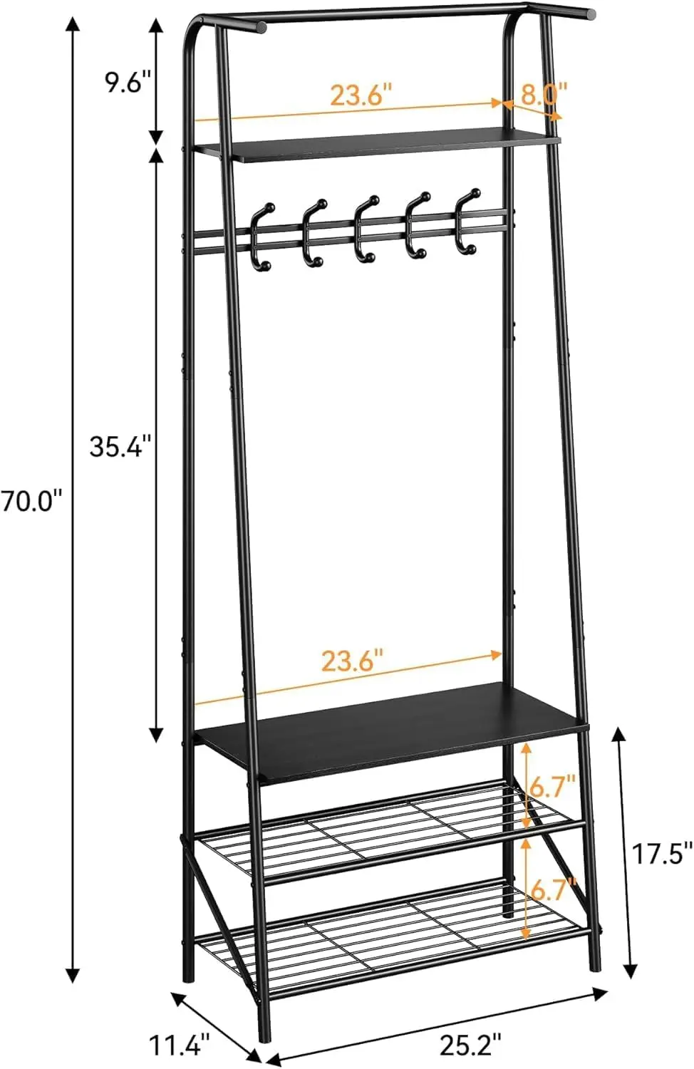 Coat Rack Shoe Bench with 5 Hooks, Hall Trees Entryway Bench with Storage, Wood Look Accent Furniture with Metal Frame
