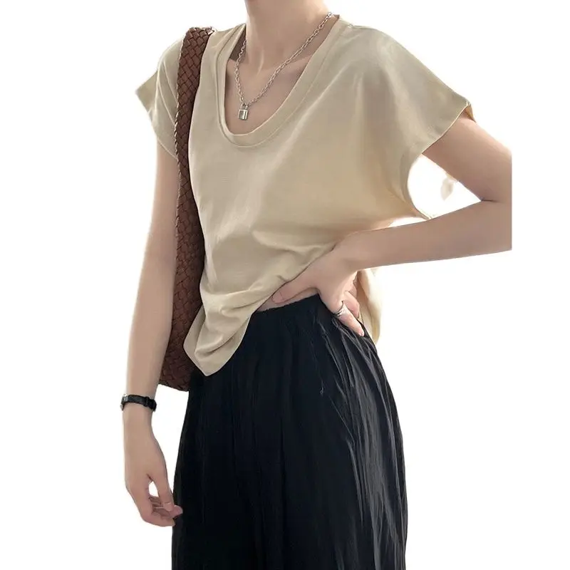 

Summer Women's Simple U-neck Short Sleeve Wide Cuff Solid Color Cotton Blends T-shirt Free Size