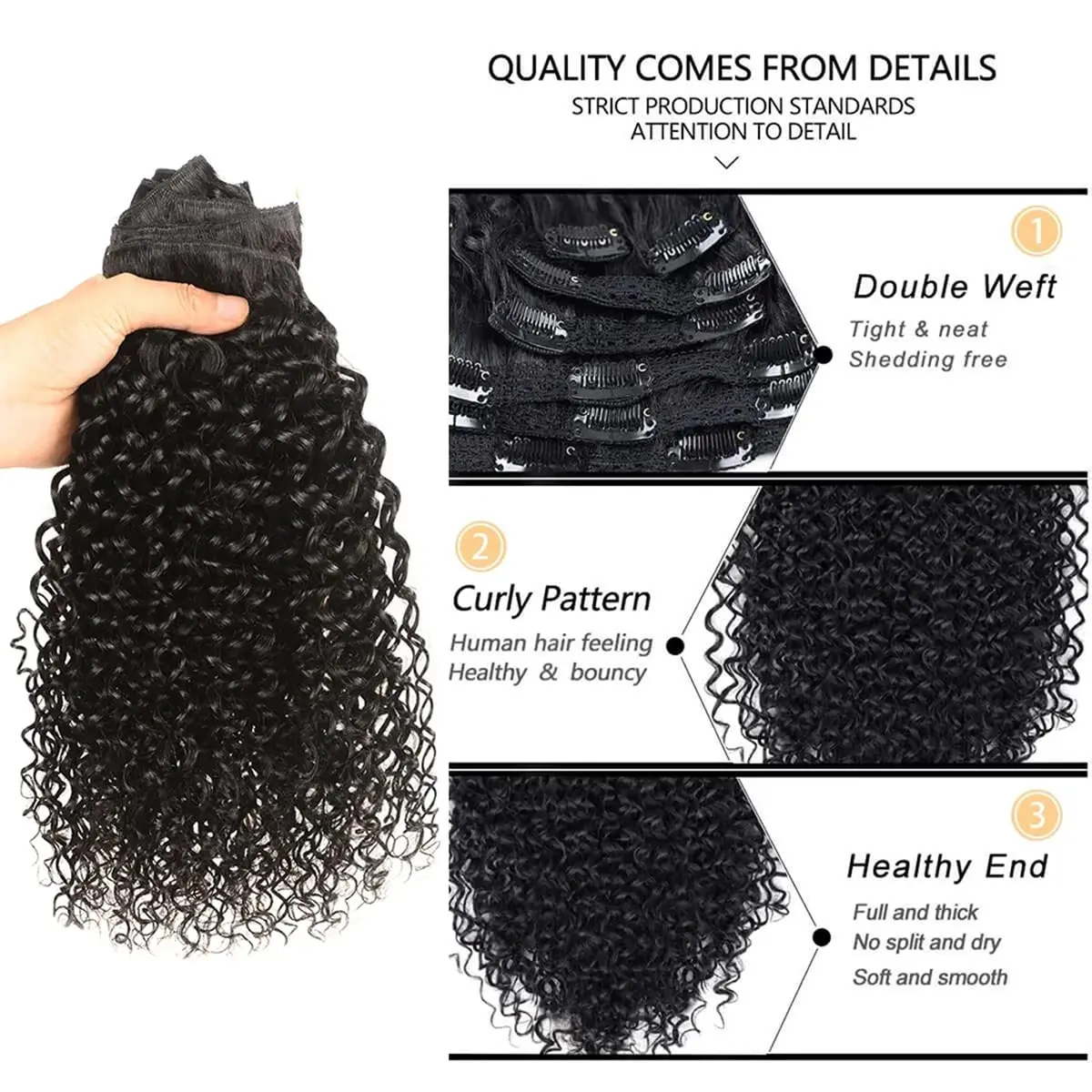 Kinky Curly Clip in Hair Extensions Human Hair For Women Brazilian Real Remy 24inch #1B