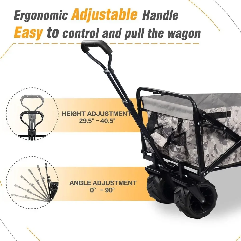 Garden Car with Big Wheels, Cargo Net and Straps and Fishing Holder, Foldable Beach Wagon Cart
