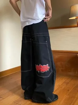Vintage 2000s Cargo Black Pants Men Women Hip Hop Embroidered Y2k Baggy Jeans Streetwear Harajuku High Waist Wide Trouser 1