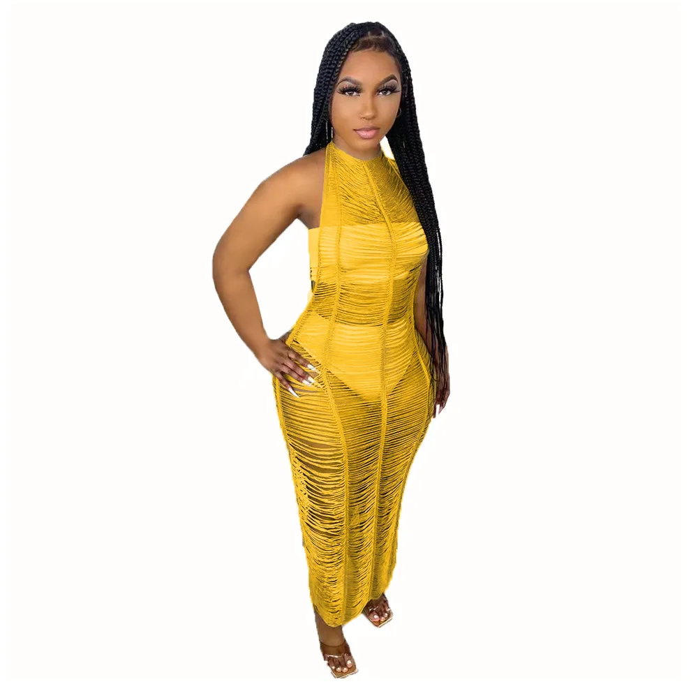 

Round Neck Hollout Summer Knitted Women Beach Long Dress