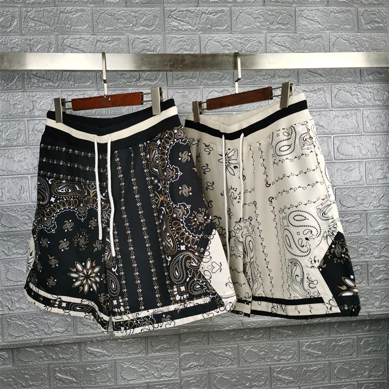 

Vintage Cashew Flower Full Print Shorts Men Women High Quality Drawstring Heavy Fabric Shorts