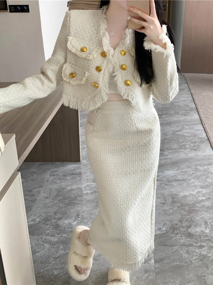 

Зимние женские комплекты с юбкой Insozkdg, однотонное Свободное пальто с бахромой, юбки до середины икры, винтажные корейские модные комплекты из двух предметов, женские костюмы