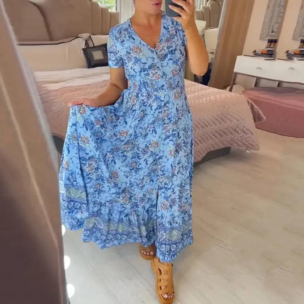 

Women Dress V Neck Floral Print High Waist Ruffle Edge A-line Big Swing Hem Pleated Ankle Length Dating Beach Maxi Dress