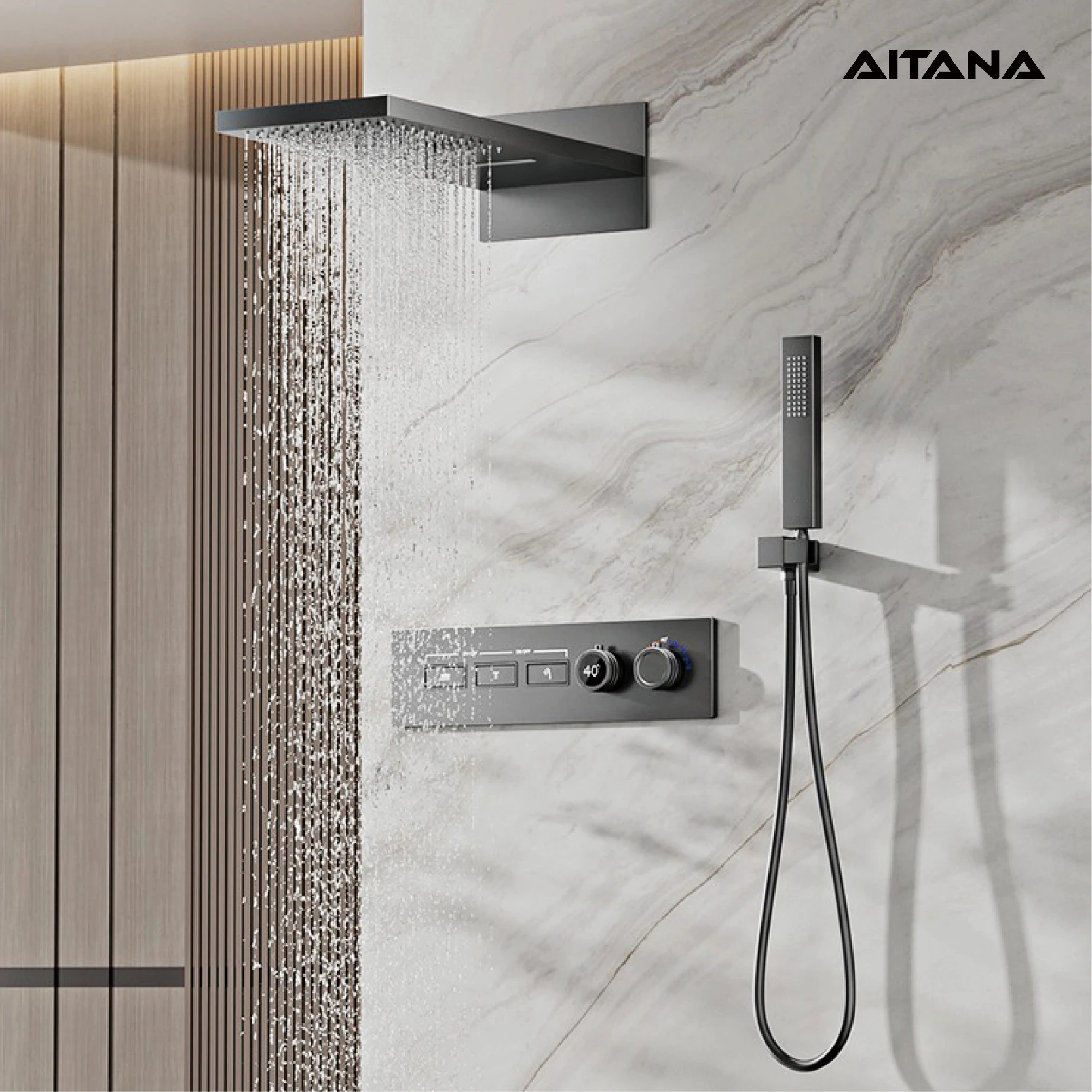 ฝักบัวติดผนังสีเทาปืนทองเหลืองหรูหรา ดีไซน์ติดผนังพร้อมจอแสดงผลดิจิตอล LED อุณหภูมิคงที่ ก๊อกน้ําห้องน้ํา 1