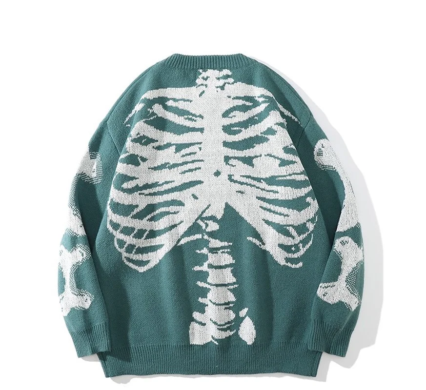 Men Loose Sweaters Black Skeleton Bone Print Pullovers Women Vintage Retro Knitted Sweater Autumn Cotton Pullover Unisex 3XL 3