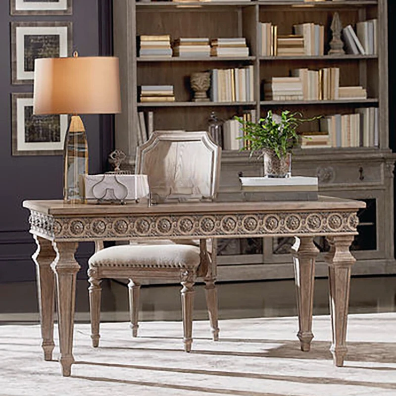 

Customized American style desk, solid wood ART architecture, revival of modern study, retro vintage, carved