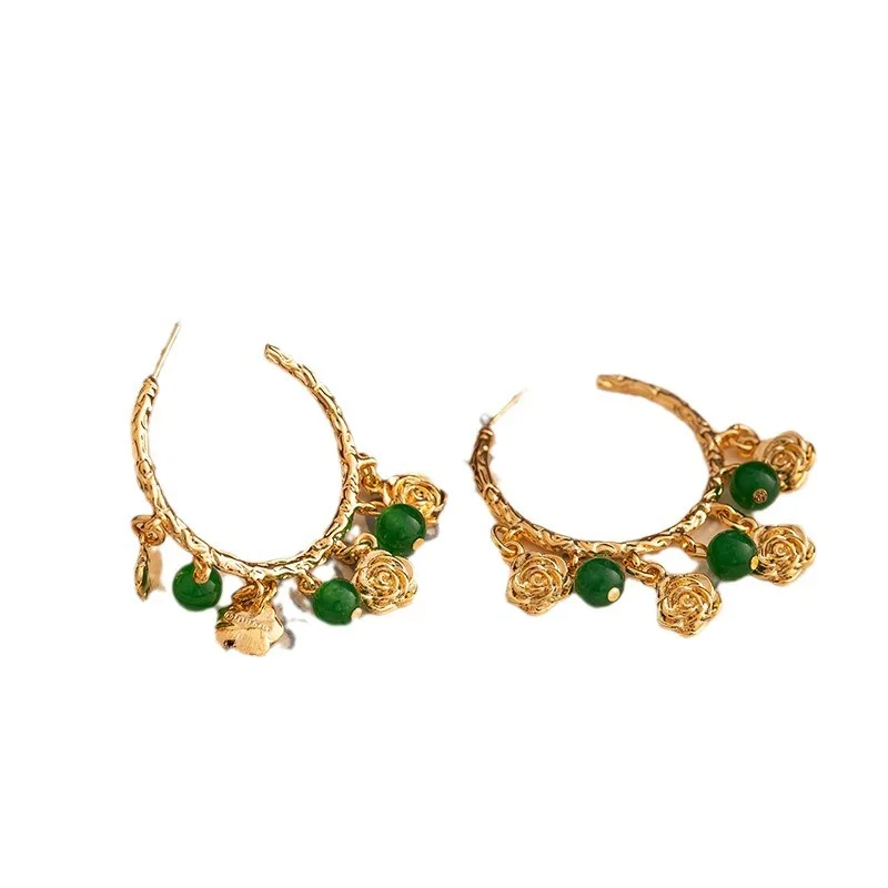 Light luxury vintage golden circle flower earrings for women