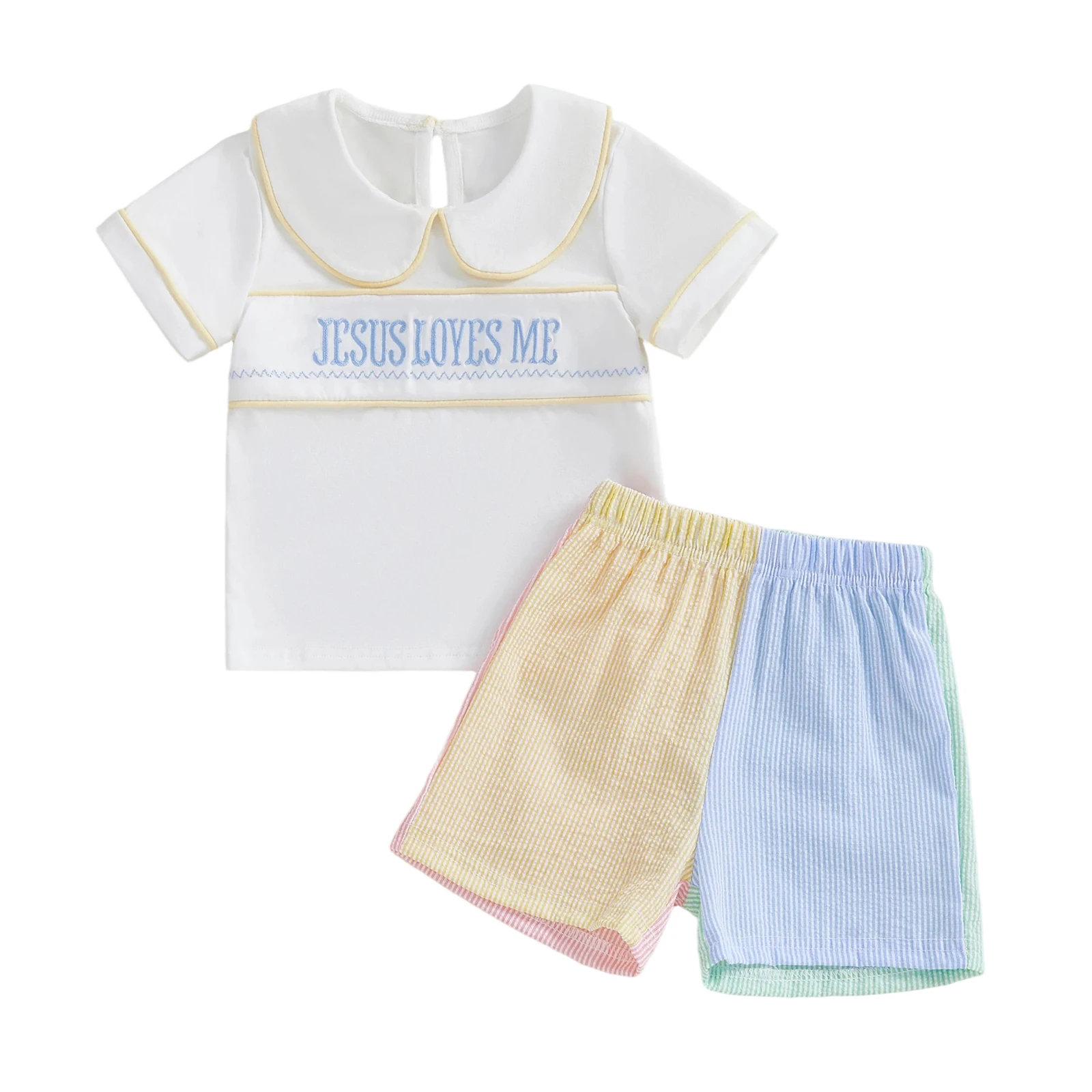Conjunto de 2 piezas para bebés y niños pequeños, camiseta de manga corta con cuello de muñeca y Bordado de letras a la moda, Tops, pantalones cortos de Color contrastante