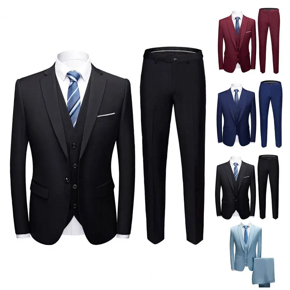 Men Simple Business Elegant Fashion Job Interview Gentleman Suit Slim 3-piece Suit (Blazer+ Waistcoat + Trousers)