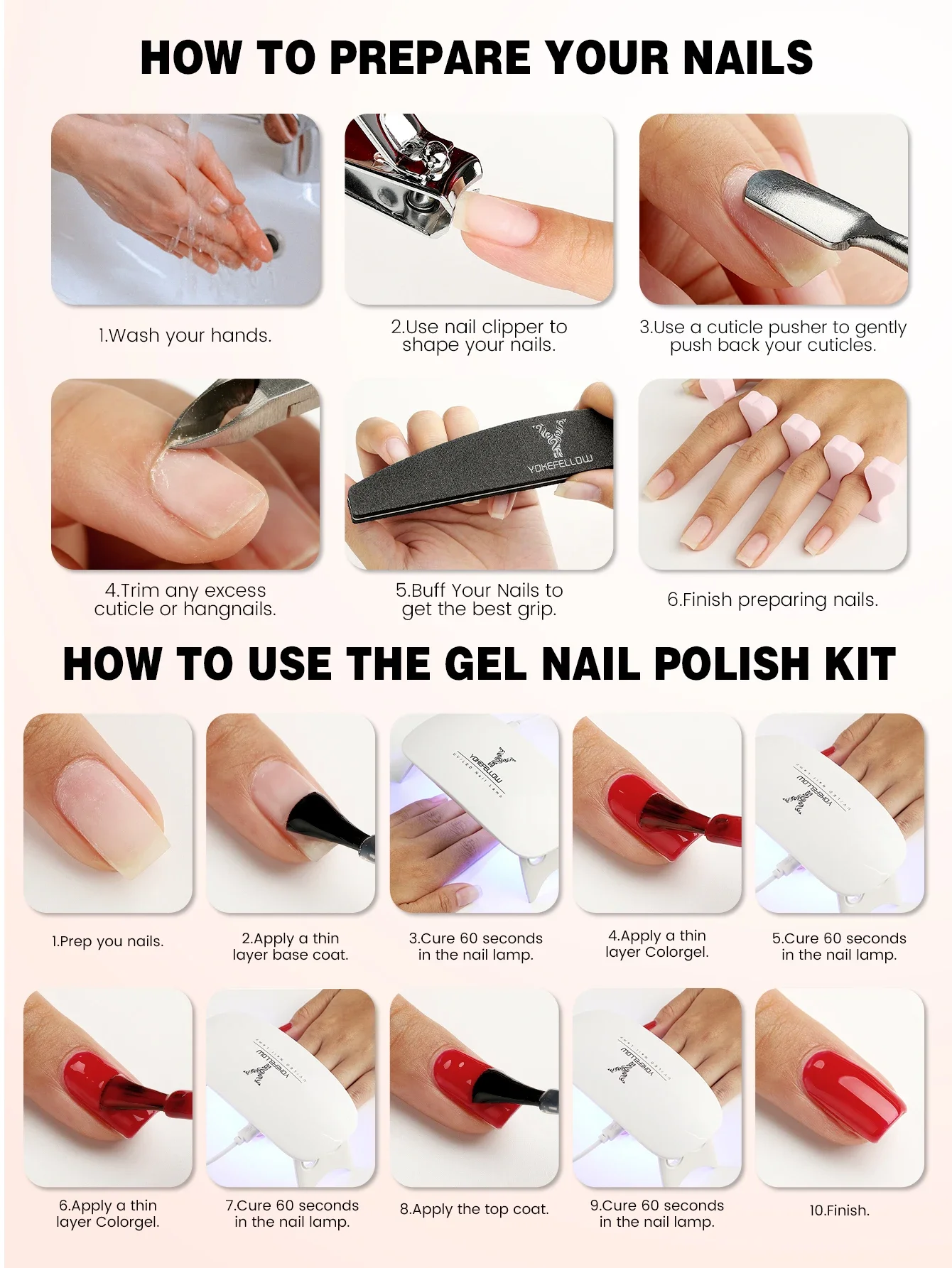 YOKEFELLOW Cherry Blossom Pink Gel Nail Polish Set with UV LED Light Base Gel Top Coat Starter Kit Popular Sheer Pink Gel Polish 5