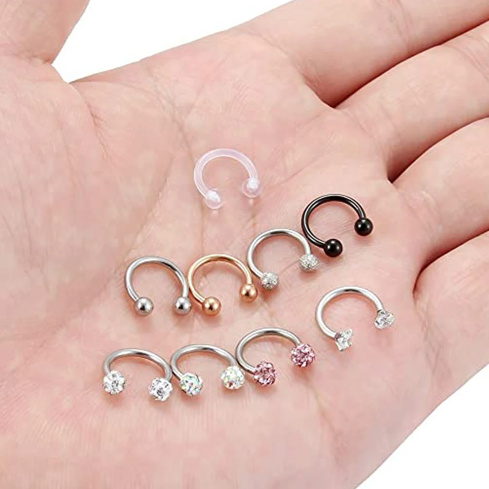 1/9PCS Surgical Steel Lip Hoop Ring Crystal Cubic Horseshoe Barbell Tragus Cartilage Earring Helix Daith Septum Piercing