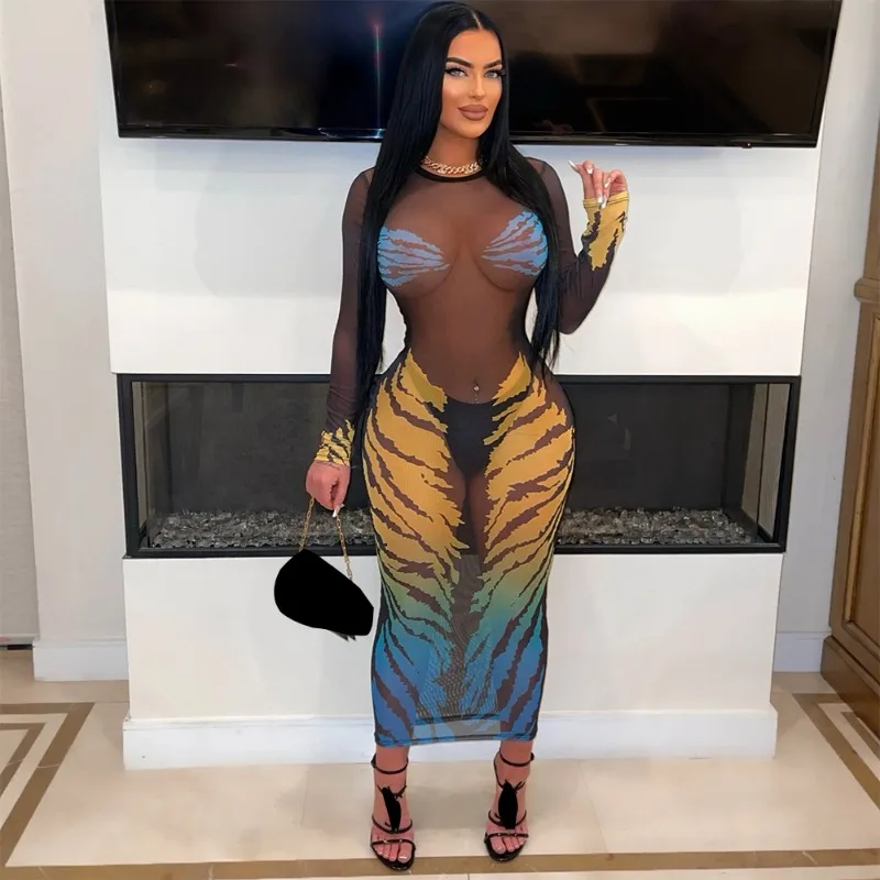 

WUHE Mesh See Through Striped Print Long Maxi Dress Women Full Sleeve O-neck Sheer Night Club Paty Sext Street Dresses Vestidos