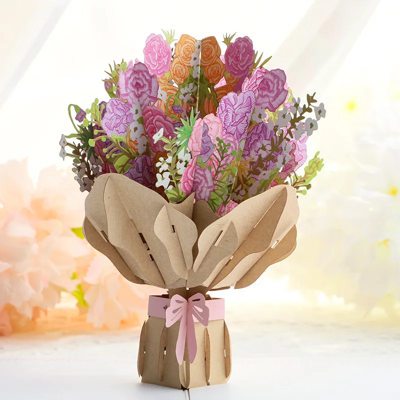 Valentine's Day 3D Card Embroidery Carnation Bouquet Paper Carving Creative Gratitude Blessing Message Envelope Cardboard