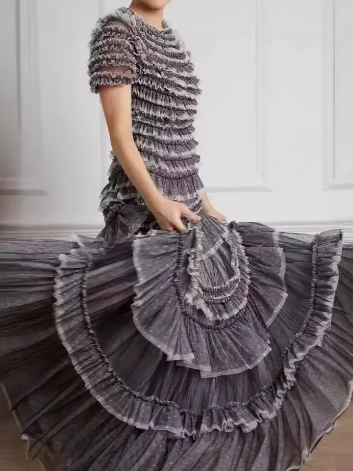 فستان نسائي طويل من شبكة البولكا المنقطة بكشكشة ،...