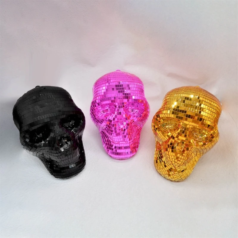 Reflective Mirrored Skull Head Ornament Hanging Chain Discos Balls Pendants for Halloween Parties and Unique Home Decors 2