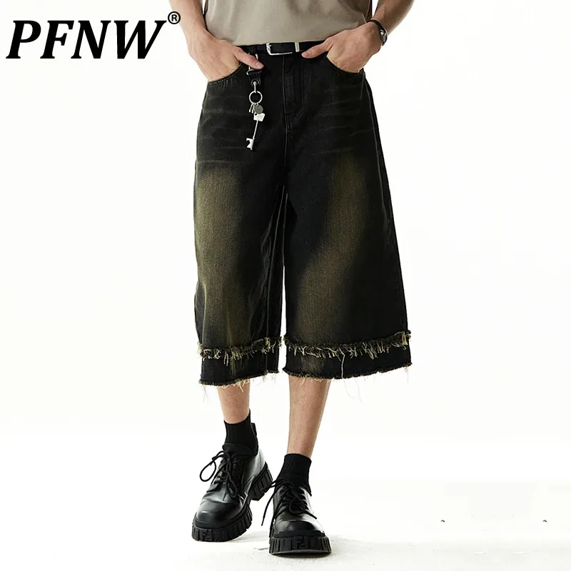 

PFNW Loose Male Denim Shorts Washed Double Layer Ragged Edge Niche Summer Men Women Vintage Wide Leg Jeans New Trendy 28W3395