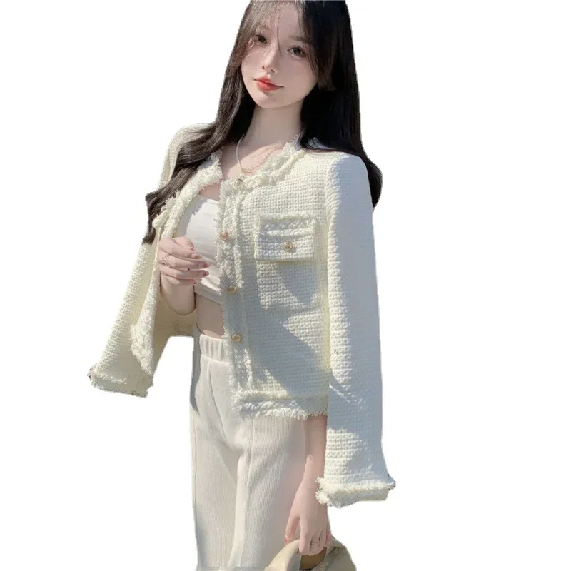 Korean Fashion Plaid Tweed Jacket Women White Round Neck Cropped Tassel Coat Autumn Single Breasted Office Lady Outwear