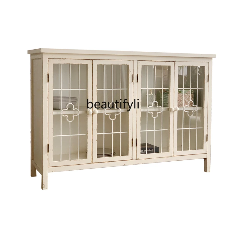 

yj Gz012 European Style Country Style White as Old Wooden Guest Dining Room Entrance Meal Side Storage Glass Curio Cabinet