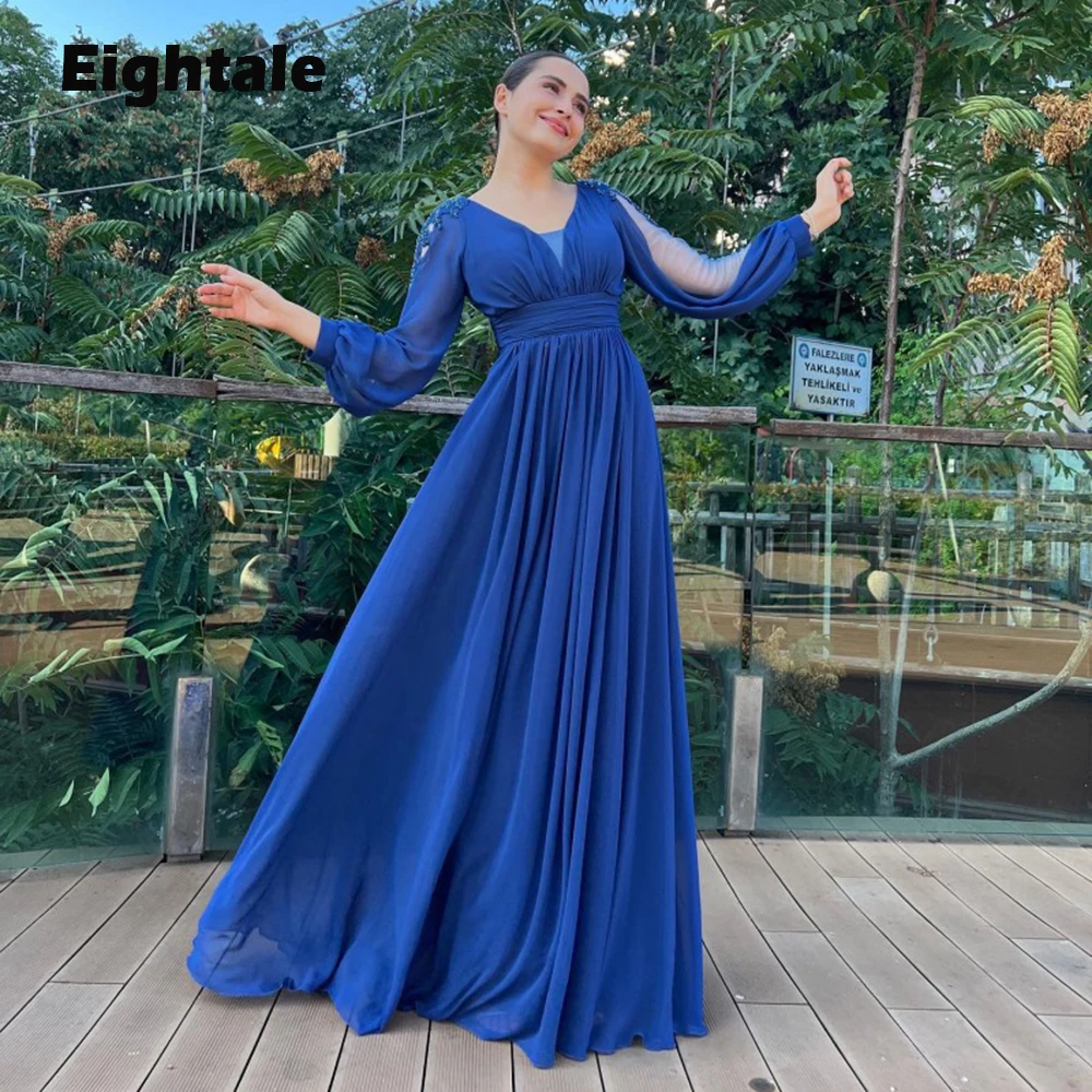 

Eightale Blue Evening Dresses for Wedding Party Long Puffy Sleeves Beaded V-Neck Chiffon Arabic Formal Celebrity Prom Gowns