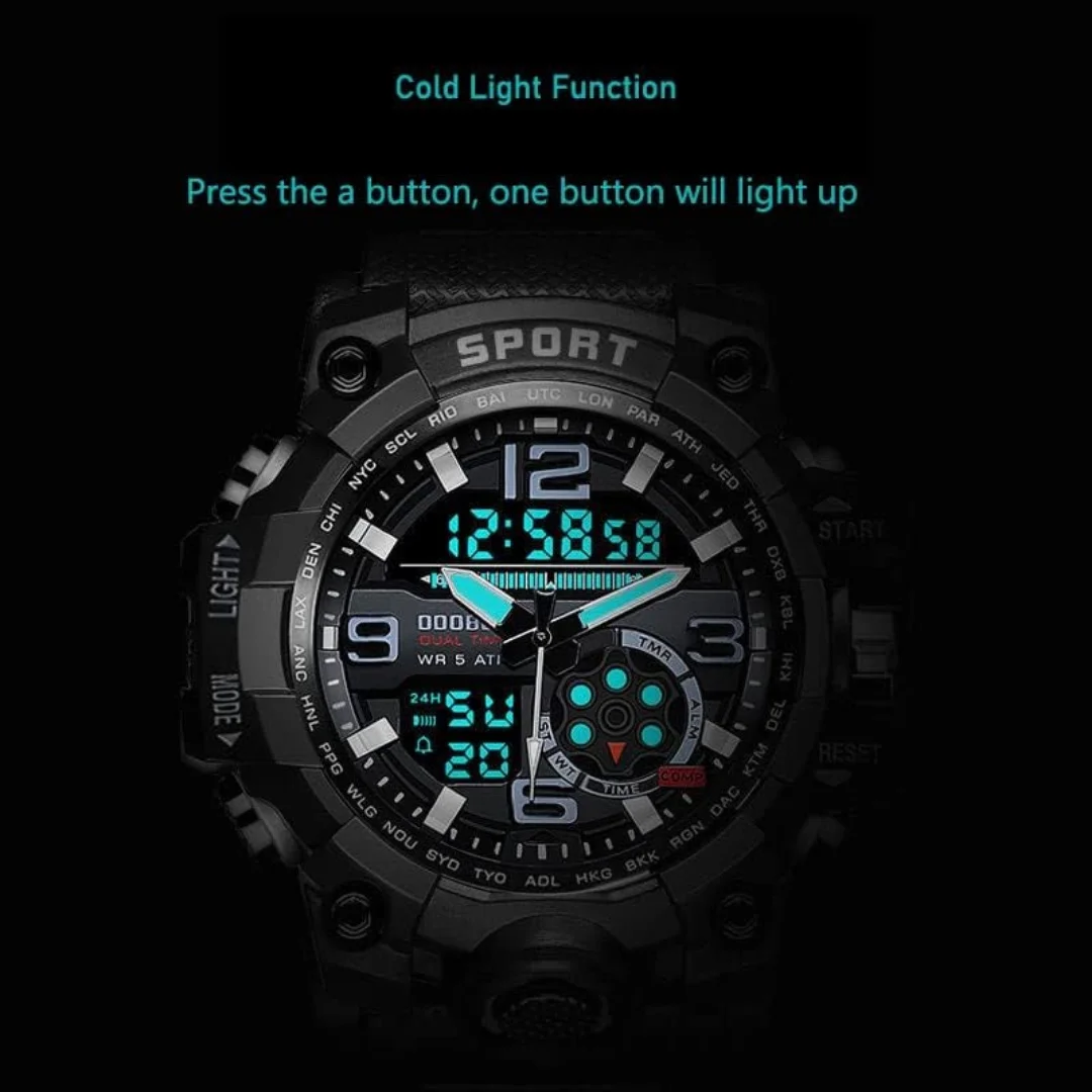Orologio Sportivo Digitale Uomo Yuxier 1858, Impermeabile 50m, Sveglia, Cronometro, Doppio Fuso Orario, Retroilluminazione LED, Cinturino In Silicone Nero