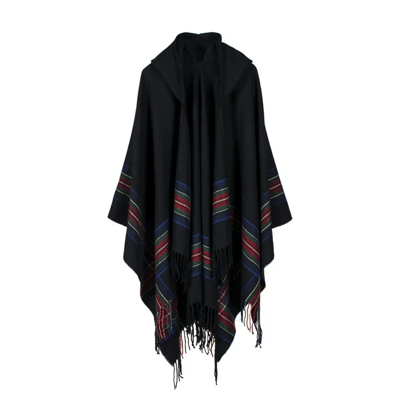 

Autumn Winter Women Imitation Cashmere Jacquard Shawl Can Wear Warm Lengthened Fashionable Hooded Cloak Ponchos Capes Black