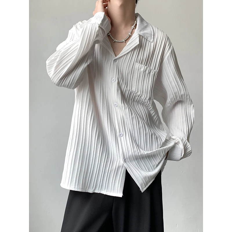 

2023 Men Casual Shirt Solid Color Lapel Long Sleeve Knitted Shirts Korean Style Streetwear Stylish Leisure Men Clothing H94