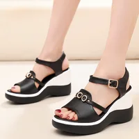 Sexy Peep Toe Genuine Leather Metal Women'S Heel Summer Shoes Female Wedge Heel Dress Woman Sandals Platform Size 32 33 36 37 43
