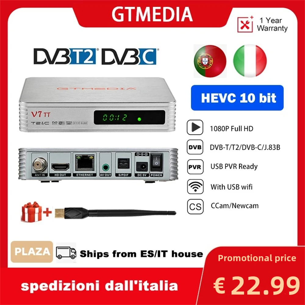 Gtmedia V7 Tt Ricevitore Tv Terrestre Dvb-T/T2/Dvb-C/J. 83B Decoder H.265 Hevc 10Bit Tuner Dvb-T2 Tdt Signal Tv Box Con Usb Wifi
