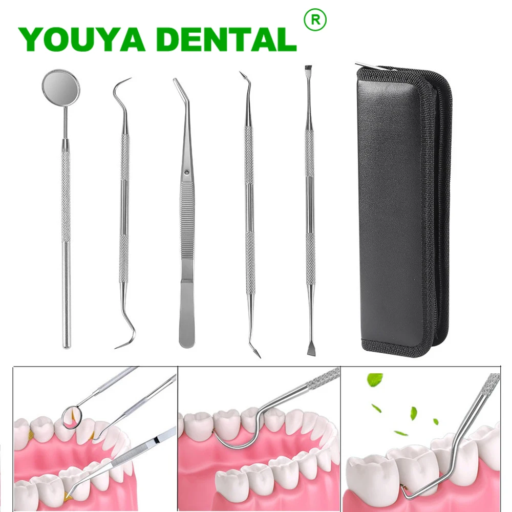 

5pcs/set Stainless Steel Dentist Clean Tools Double Ends Dental Instrument Mirror Scraper Tweezer Probe Hook Pick Tooth Cleaner