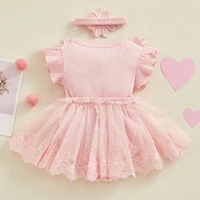 Summer Baby Girl 2pcs Lace Rompers Outfits Mesh Lace Ruffle Bodysuits Dress + Hairband Toddler Fashion Jumpsuits Clothes 4