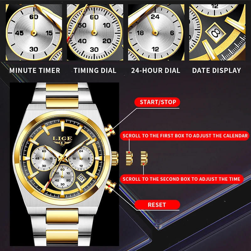 LIGE Men's Waterproof Luminous Quartz Chronograph Sport Watch with Gift Box